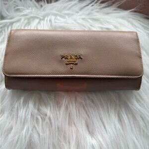 Prada Saffiano Leather Clutch Wallet in Taupe Beige with Gold Logo